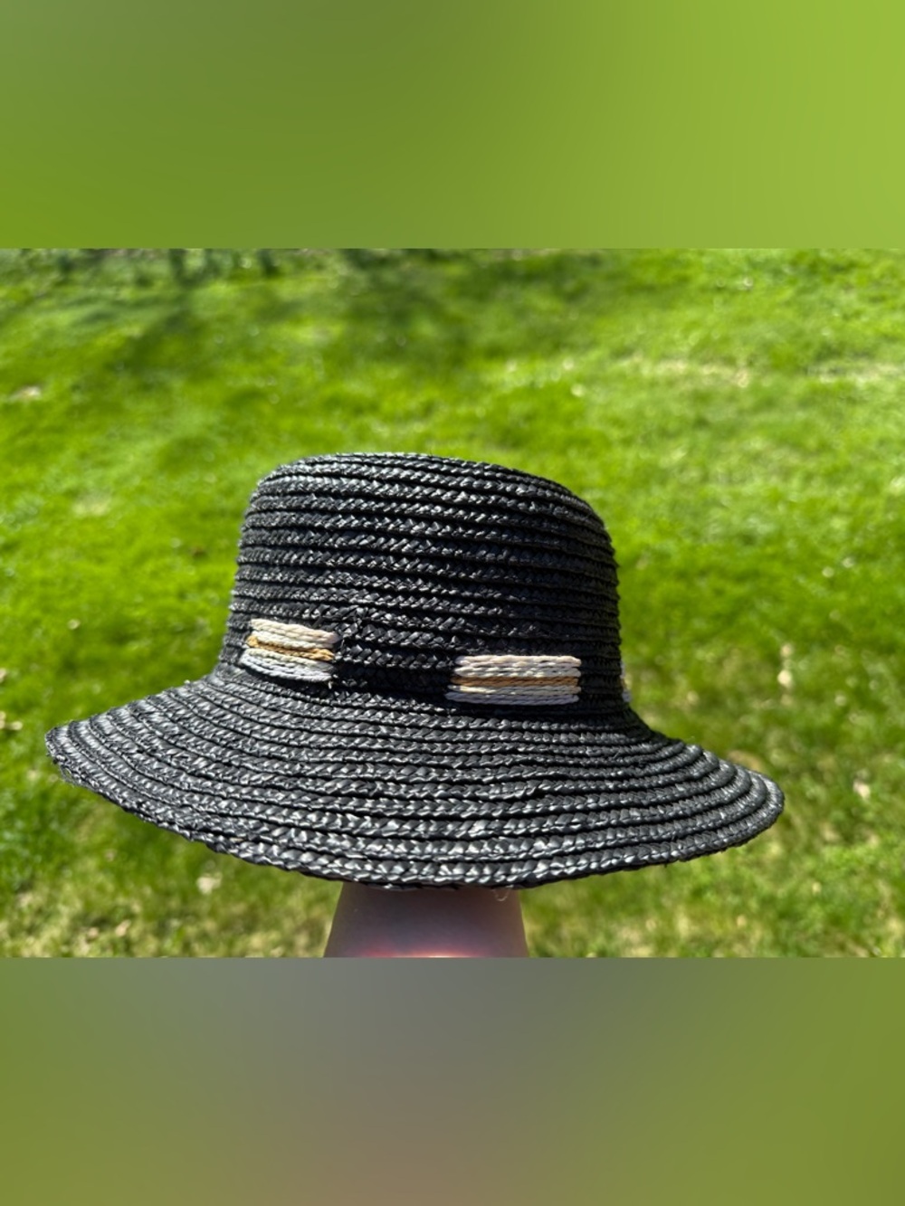 BCBGeneration Black Braided Straw Sun Hat with Cream Accents
